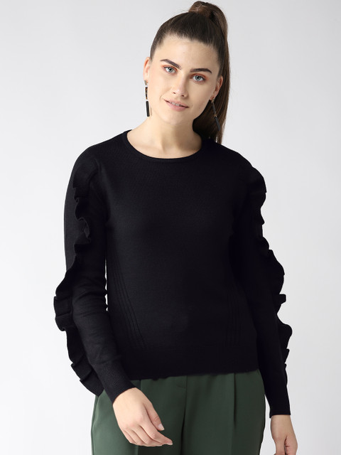

Madame Women Black Solid Ruffled Sweater