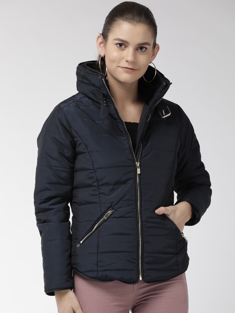 

Madame Women Navy Blue Solid Hooded Padded Jacket