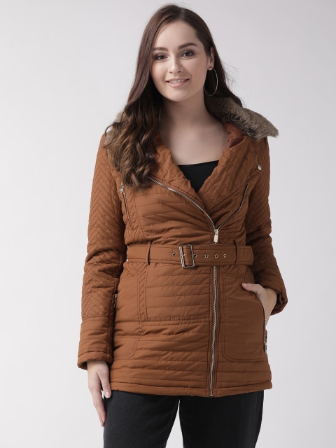 

Madame Women Brown Solid Padded Jacket with Belt