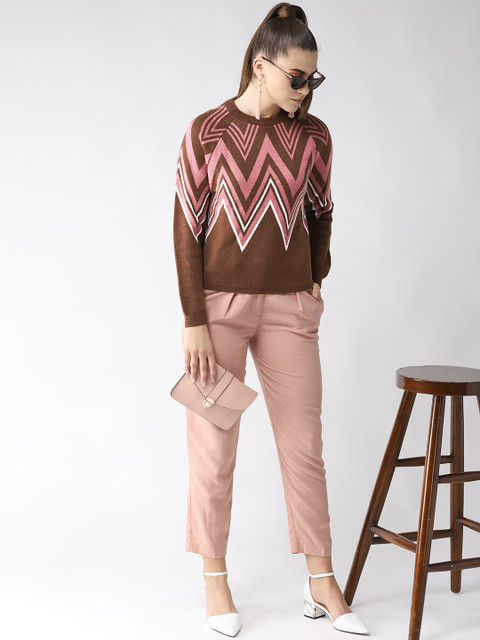 

Madame Women Brown & Pink Self Design Sweater