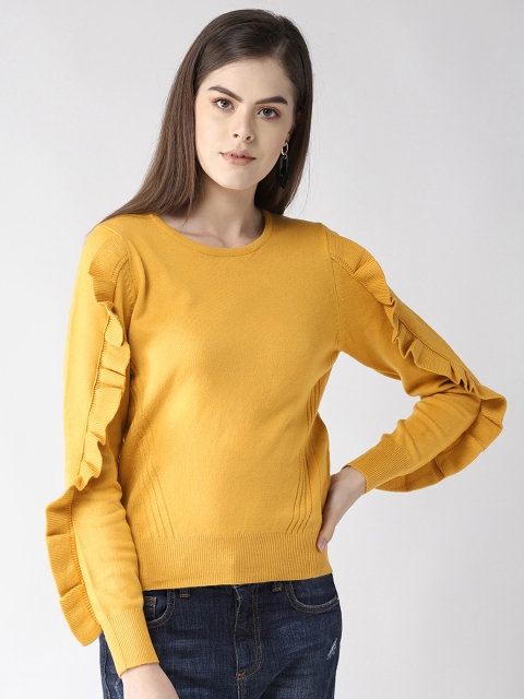 

Madame Women Mustard Yellow Solid Ruffled Sweater