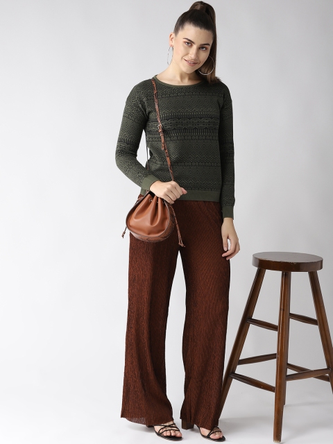 

Madame Women Olive Green & Black Self Design Sweater