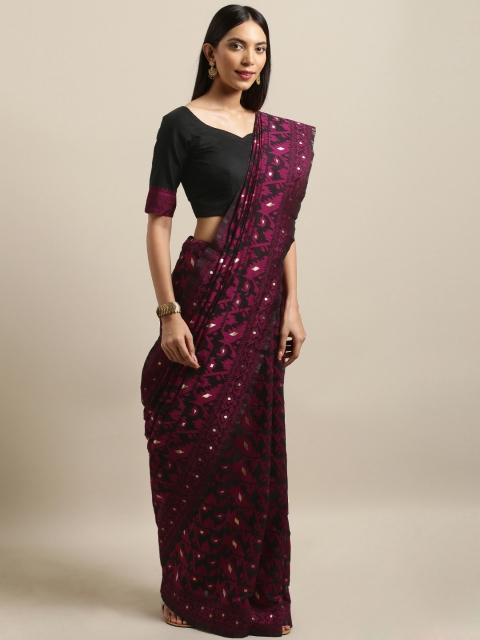 

Kvsfab Magenta & Black Cotton Blend Woven Design Saree