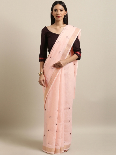

Kvsfab Peach-Coloured Embroidered Linen Blend Saree