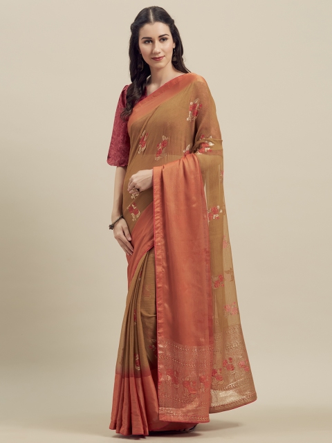 

Kvsfab Pink & Brown Poly Chiffon Woven Design Saree