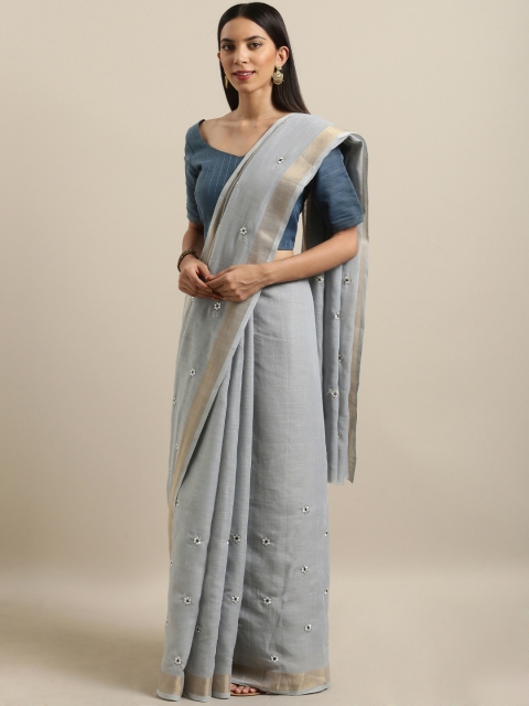 

Kvsfab Grey Embroidered Linen Blend Saree