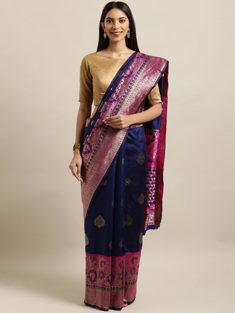 

Mitera Navy Blue & Pink Art Silk Woven Design Banarasi Saree