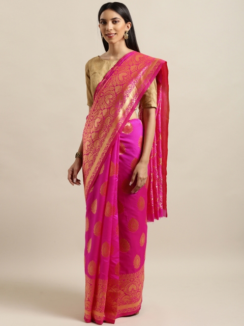 

Mitera Magenta Pink & Gold-Toned Art Silk Woven Design Banarasi Saree