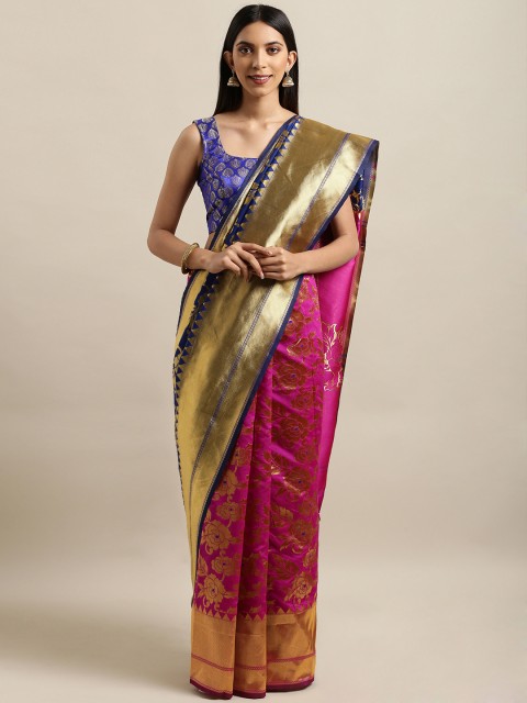 

Mitera Pink & Gold-Toned Art Silk Woven Design Banarasi Saree