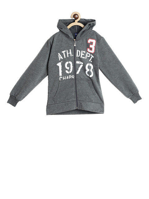 

SWEET ANGEL Kids Grey Melange Printed Hooded Sweatshirt