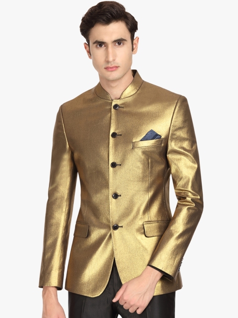 

SUITLTD Men Gold-Coloured Solid Slim-Fit Bandhgala Blazer