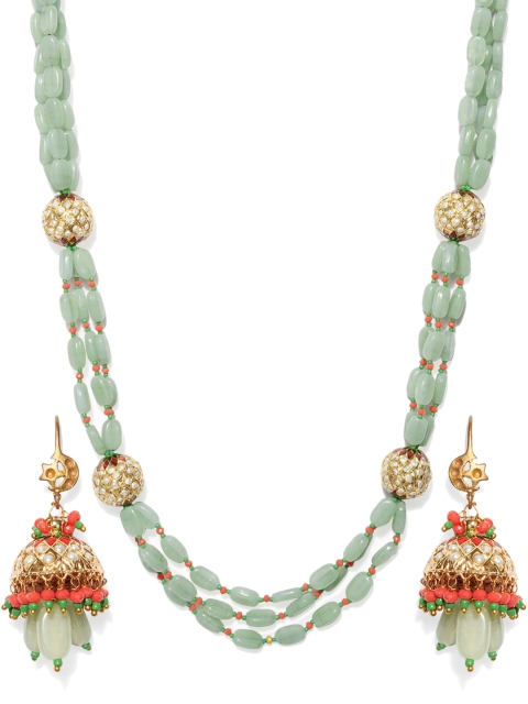 

DUGRISTYLE Gold-Plated & Green Handcrafted Stone-Studded Jewellery Set