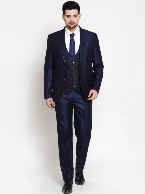 

LUXURAZI Men Blue Solid Slim-Fit Tuxedo Three-Piece Suit