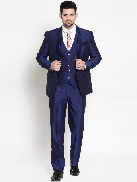 

LUXURAZI Men Blue Solid Slim-Fit Tuxedo Three-Piece Suit