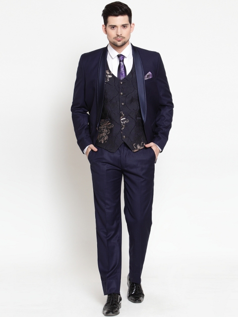 

LUXURAZI Men Blue Solid Slim-Fit Tuxedo Three-Piece Suit