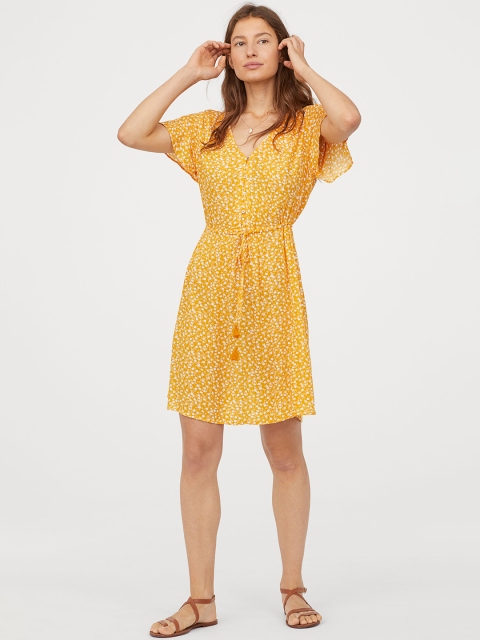

H&M Women Yellow Printed V-Neck Dress