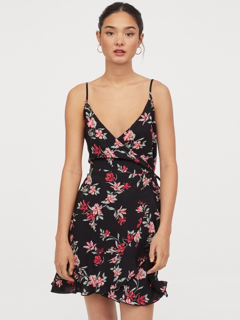 

H&M Women Black & Pink Floral Printed Flounced Wrap Dress