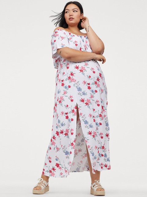 

H&M Plus White & Red Printed Maxi Dress with a Flounce
