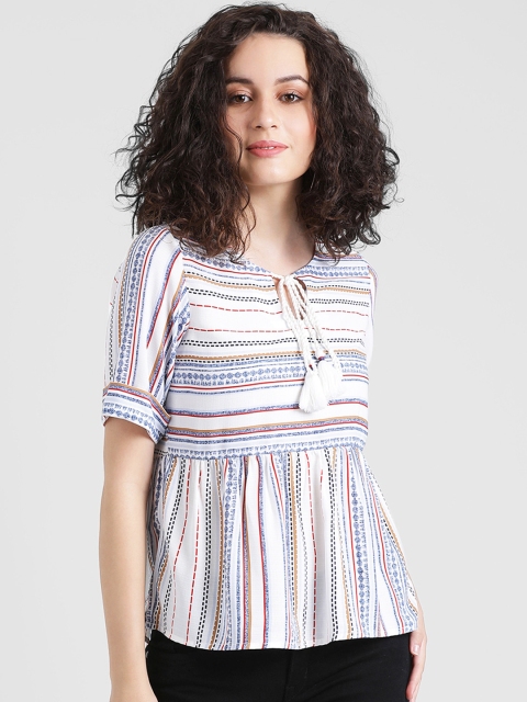 

Zink London Women White & Blue Striped Top