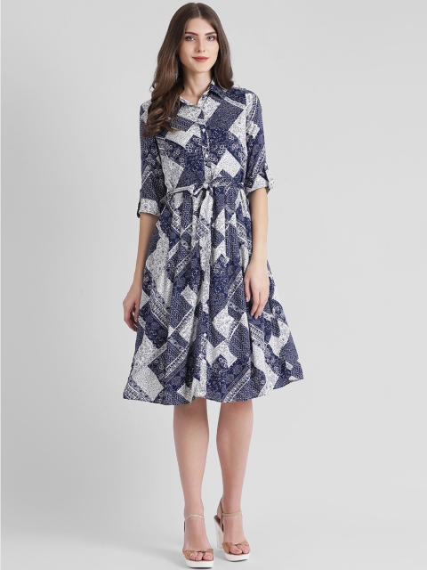 

Zink London Women Navy Blue & White Printed Shirt Dress