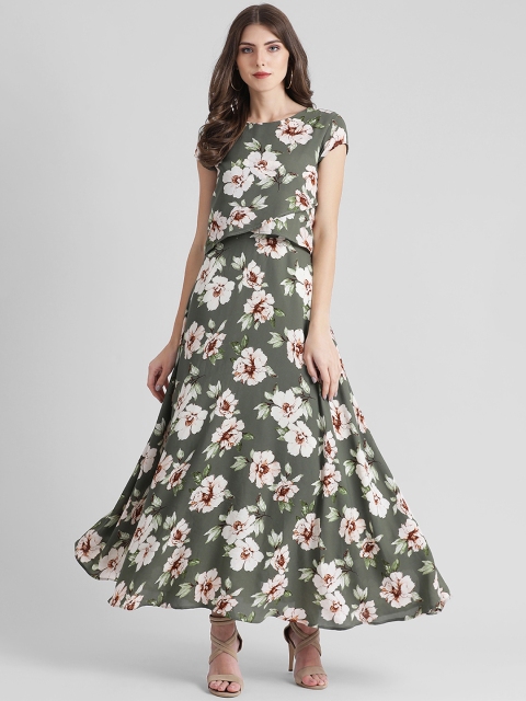 

Zink London Women Olive Green & Off-White Floral Print Maxi Dress