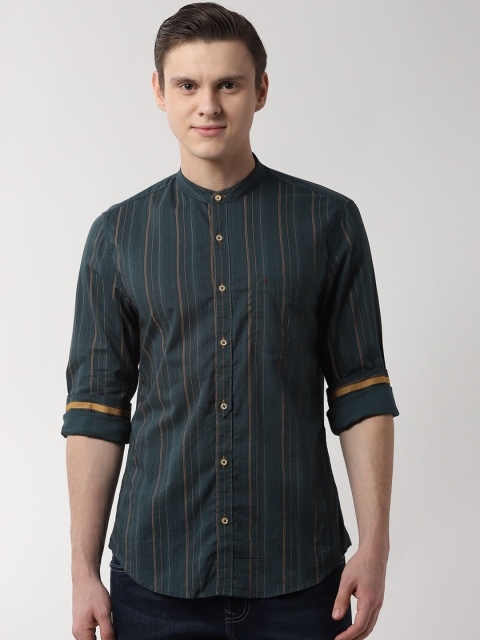 

Peter England Casuals Men Teal Green & Brown Slim Fit Striped Casual Shirt