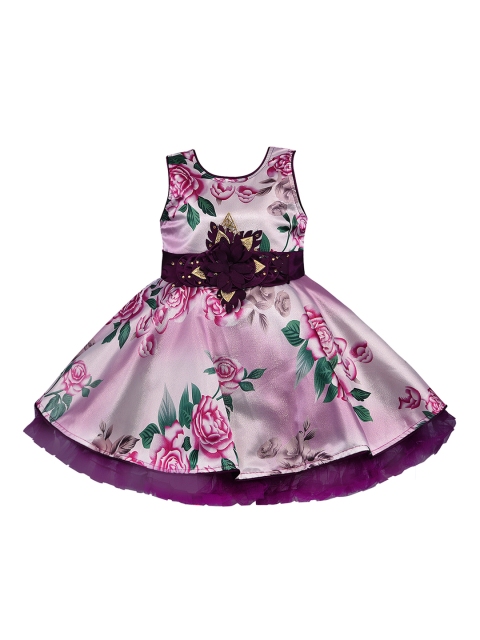 

Wish Karo Girls Purple & Green Printed Satin Finish Fit and Flare Dress