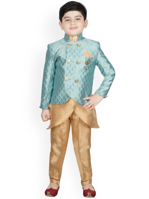 

SG YUVRAJ Boys Gold-Coloured & Blue Self Design Kurta with Trousers & Jacket
