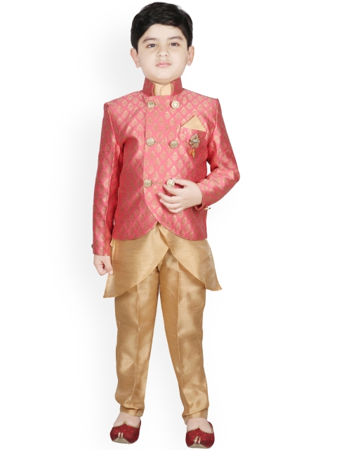 

SG YUVRAJ Boys Gold & Peach-Coloured Self Design Kurta with Trousers & Jacket