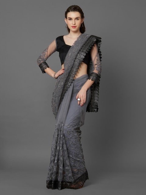 

Mitera Grey Embroidered Net Saree