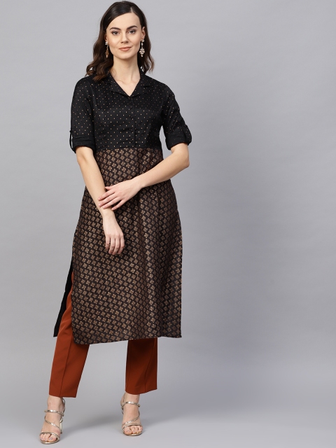 

RARE ROOTS Women Black & Golden Printed A-Line Kurta