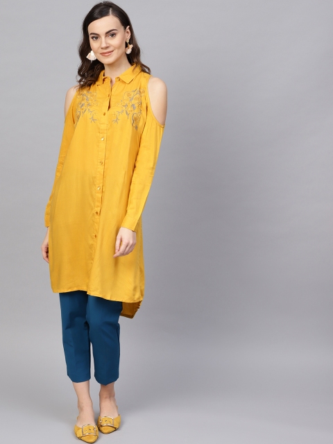 

RARE ROOTS Women Mustard Yellow Regular Fit Cold-Shoulder Solid Longline Casual Shirt