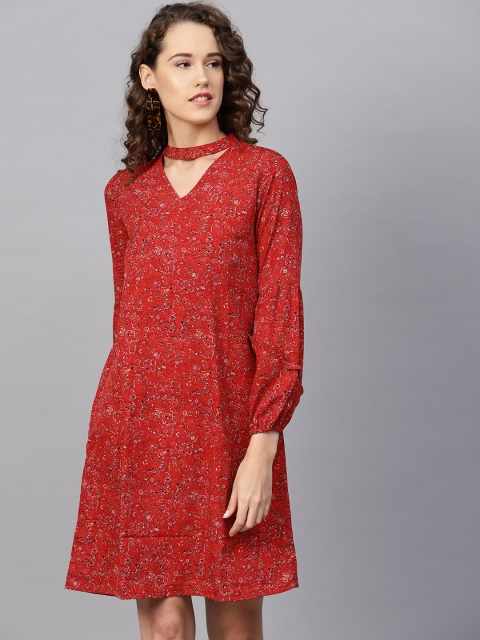 

RARE ROOTS Women Red & Grey Choker Neck Printed A-Line Dress