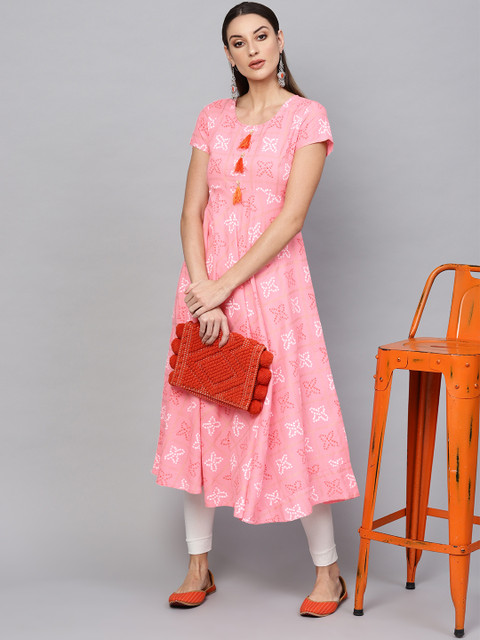 

AKS Women Pink & White Printed Empire Anarkali Kurta