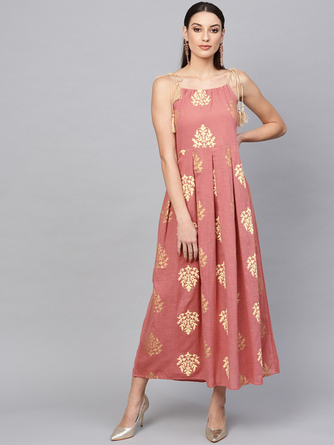

AKS Women Pink & Golden Printed Maxi Dress