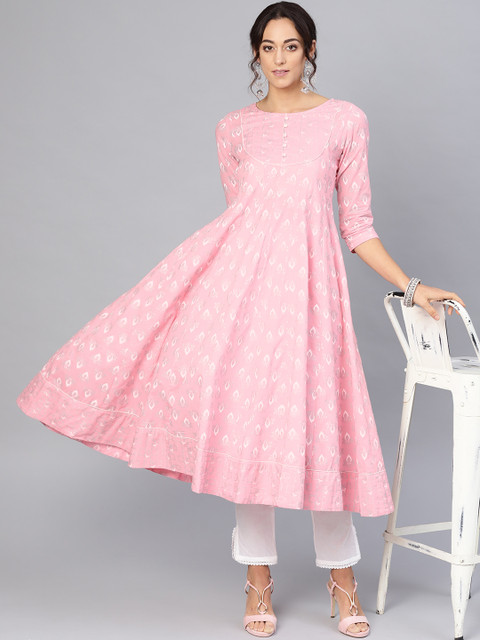 

AKS Women Pink & White Khari Print Anarkali Kurta