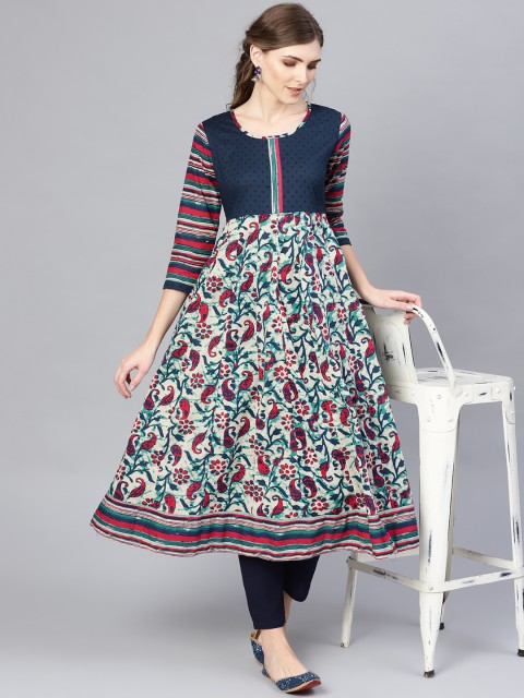 

AKS Women Off-White & Navy Blue Printed Anarkali Kurta