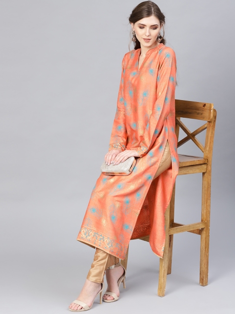 

AKS Women Peach-Coloured & Blue Printed Straight Kurta