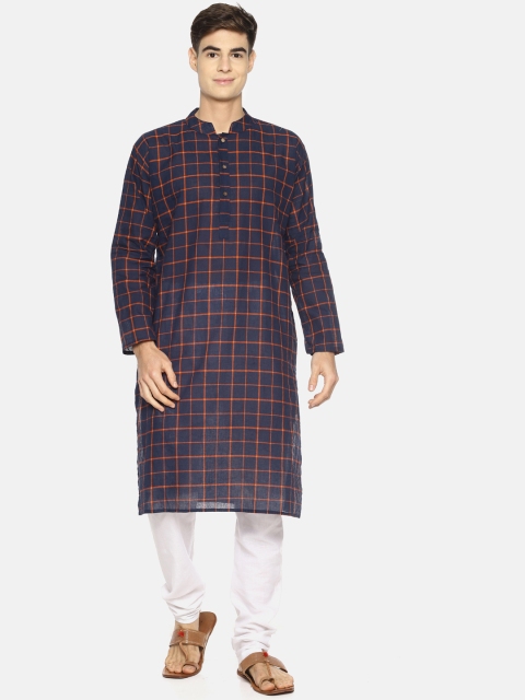 

PAROKSH Men Blue & Orange Checked Straight Kurta