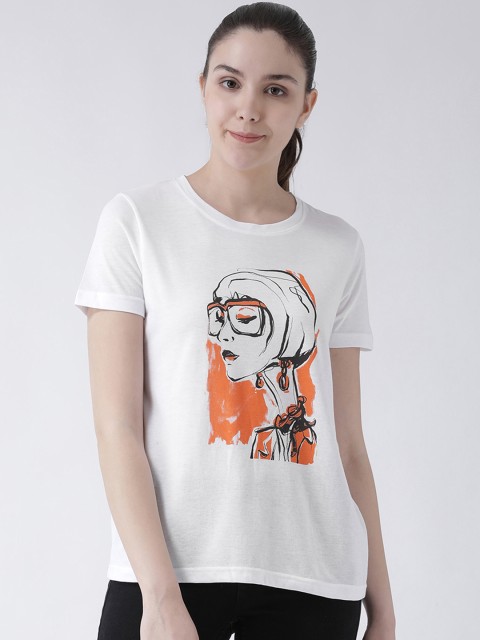 

Club York Women White Printed Round Neck T-shirt