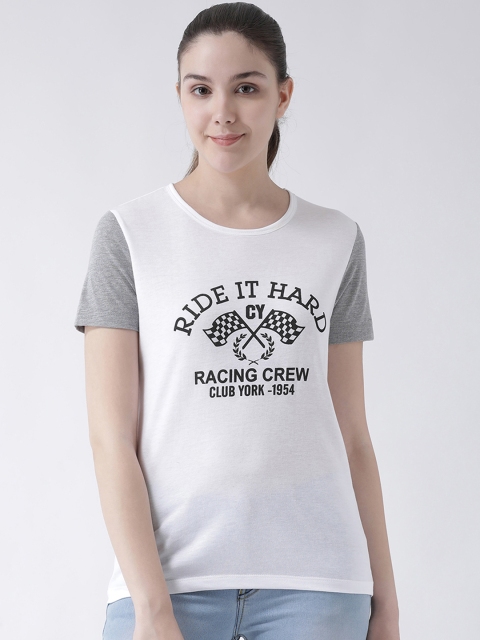 

Club York Women White Printed Round Neck T-shirt