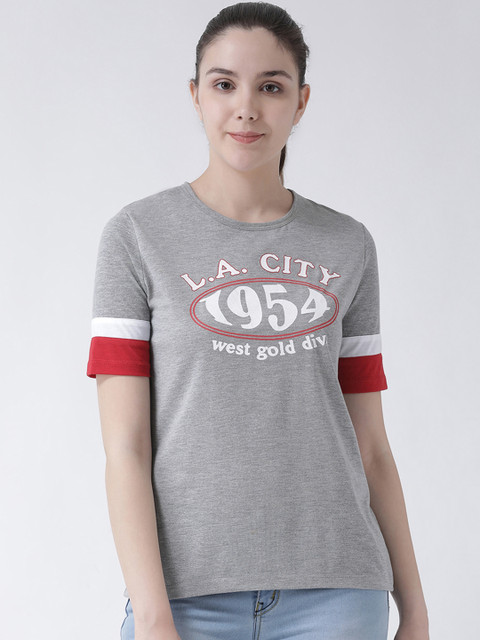 

Club York Women Grey Printed Round Neck T-shirt