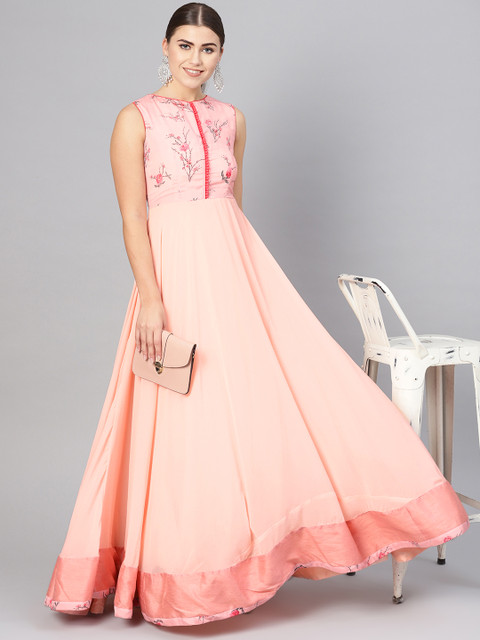

Inddus Women Peach-Coloured Printed Maxi Dress