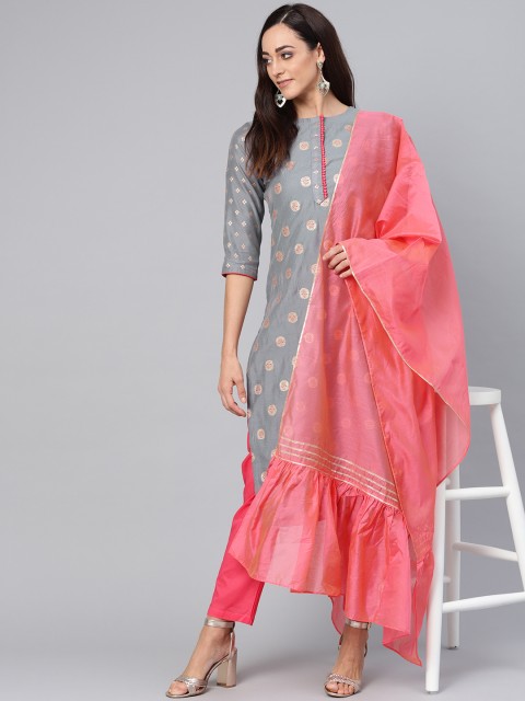 

Inddus Women Grey & Pink Self-Design Chanderi Kurta with Trousers & Dupatta
