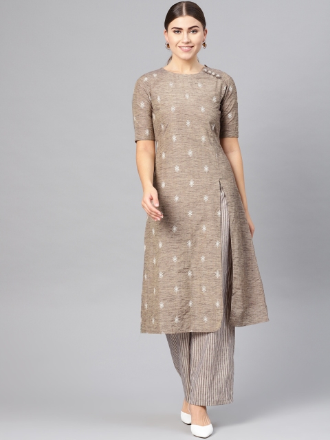 

Inddus Women Beige Embroidered Kurta with Palazzos