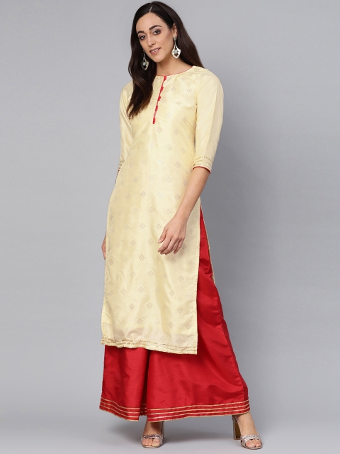 

Inddus Women Cream-Coloured & Red Embroidered Kurta with Palazzos