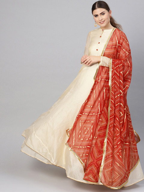 

Inddus Women Cream-Coloured Solid Anarkali Kurta with Dupatta