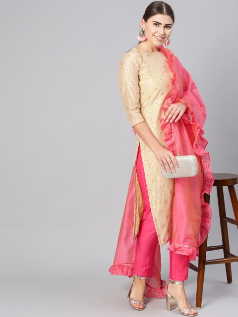 

Inddus Women Beige & Pink Zari Woven Design Kurta with Trousers & Ruffle Dupatta