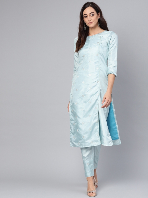 

Inddus Women Blue Embroidered Angrakha Kurta with Trousers