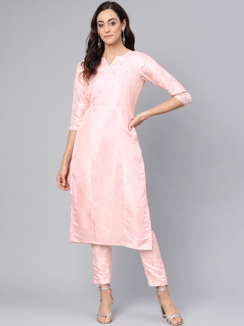 

Inddus Women Pink Embroidered Detail Kurta with Trousers
